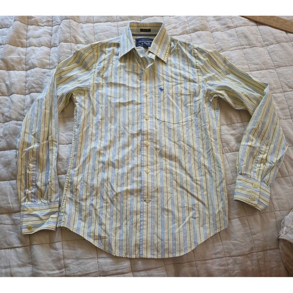 Abercrombie & Fitch MENS Muscle Striped Button Down Collared Shirt Y2K Yellow Sm